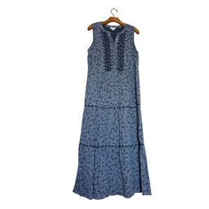 J. Jill Blue Relaxed Bohemian Tiered Maxi Dress Embroidered Palm Print Pockets S